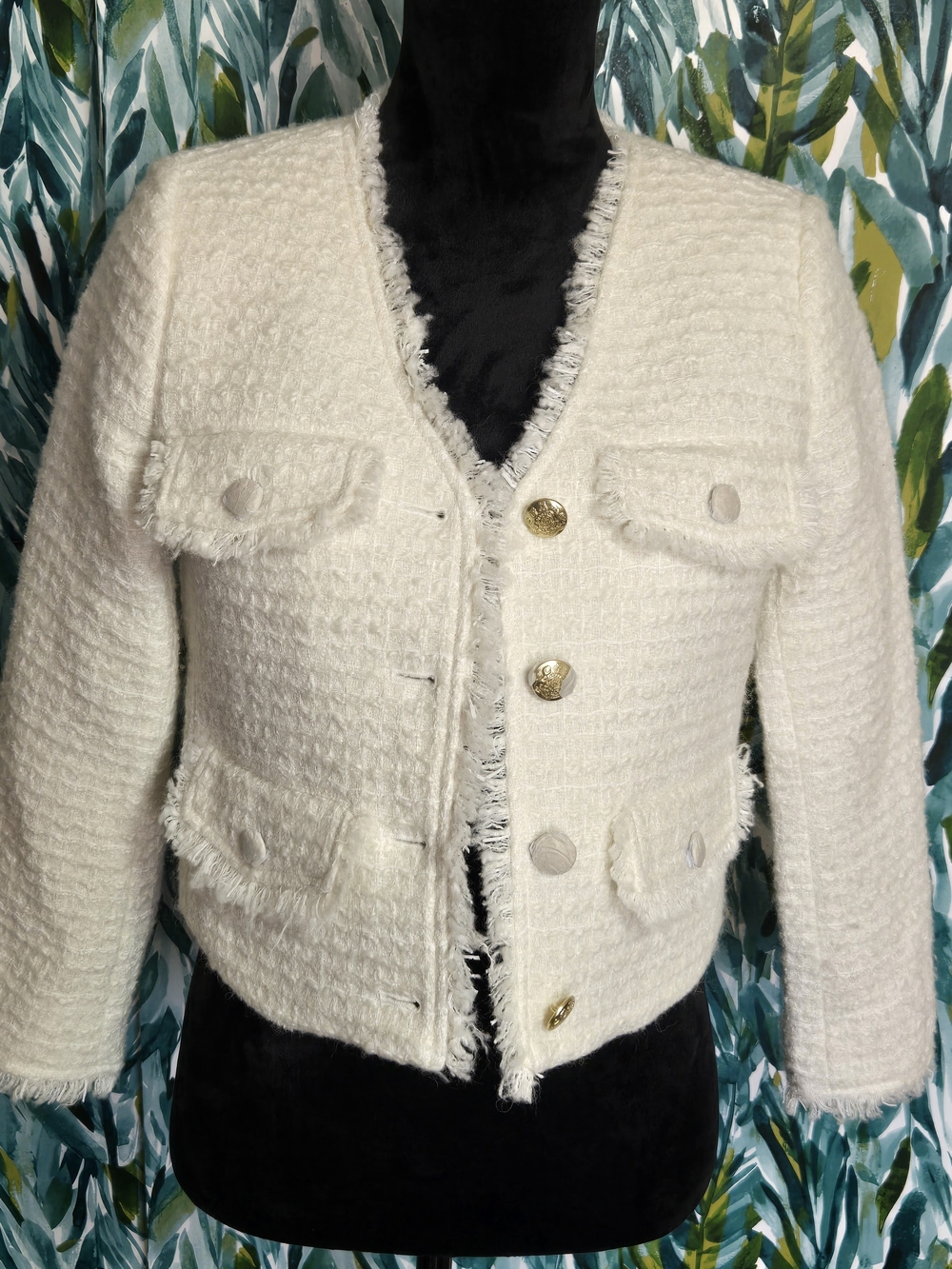 J. Crew Factory Cream Bouclé Fringed Cropped Jacket with Gold Buttons